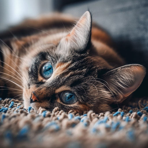 Tortoise cat lying on a carpet