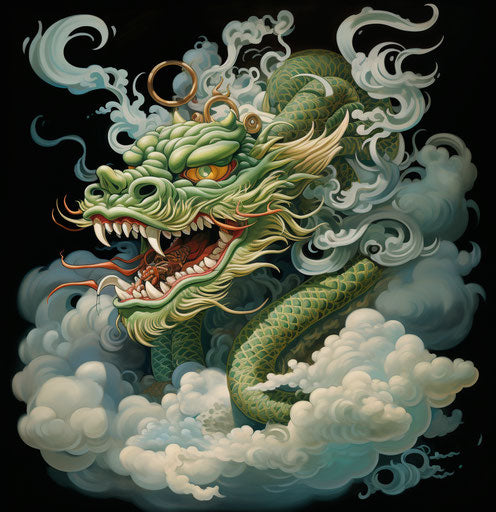 Japanese dragon on smoke clouds, polychrome style
