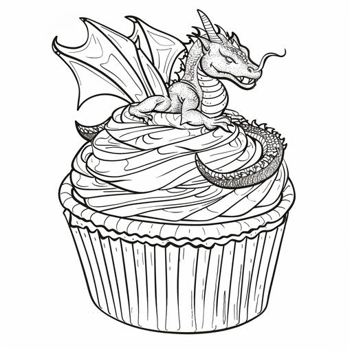 A cupcake with a dragon curled around it. Coloring book page