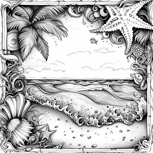 Beach scene with waves and sea creatures, Teagan White style