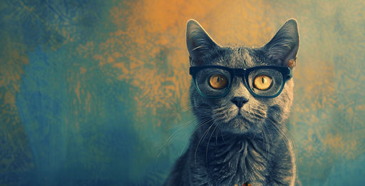 Gray cat in glasses with a blue background, post-'70s ego generation style