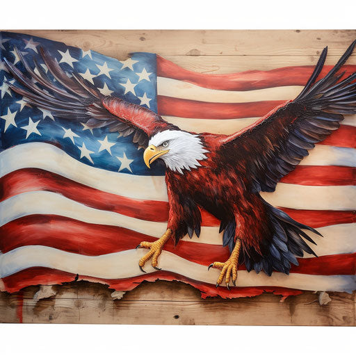 American flag and bald eagle on wood in white and bronze style