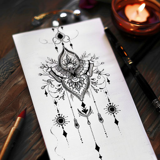 Monochrome tattoo sketch with summer henna patterns and minimalist design elements
