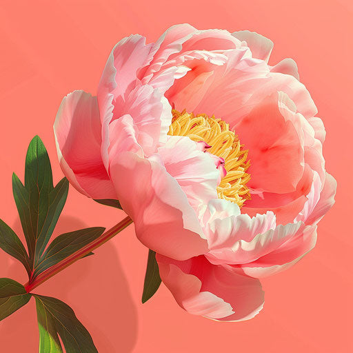 Realistic peony clipart on vibrant coral background