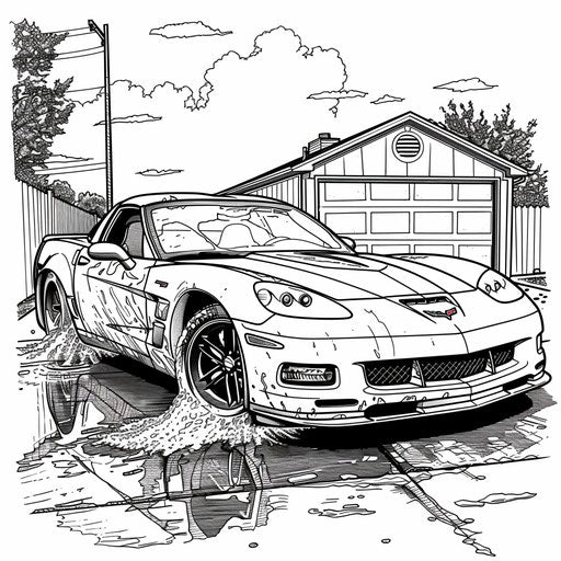 A Corvette washed and polished in a driveway. Coloring book page