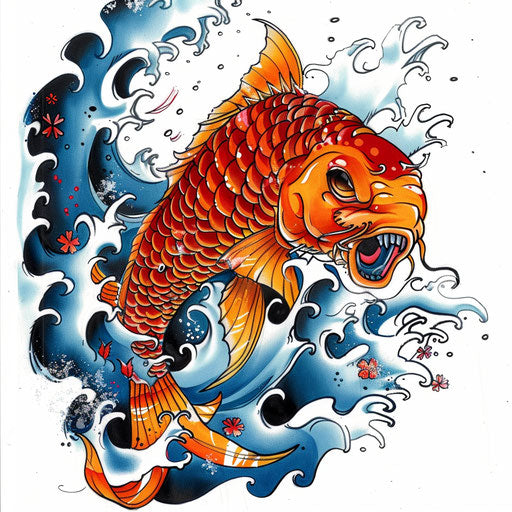Japanese koi fish style smiley face tattoo design, on white.