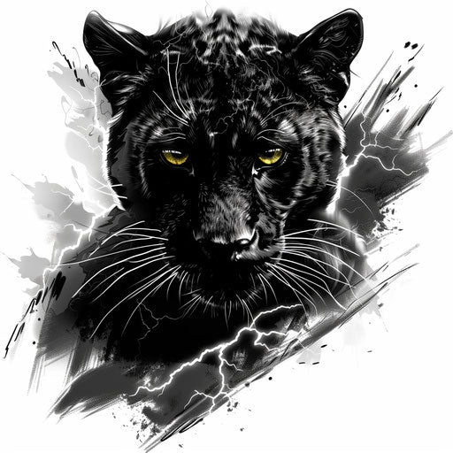 Black panther tattoo with lightning effect, radiating power, on a stormy white background