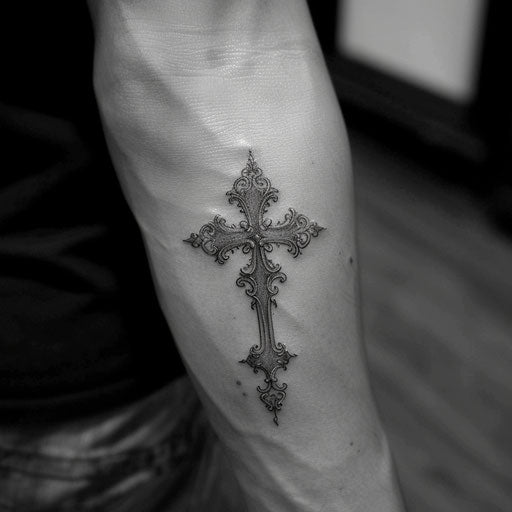 Small cross tattoo with shading, in the style of J.P. Targete