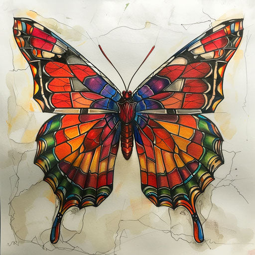 Sketch of a red butterfly with stained glass style wings