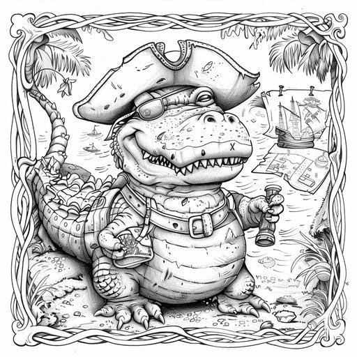Whimsical pirate crocodile with eye patch and treasure map.