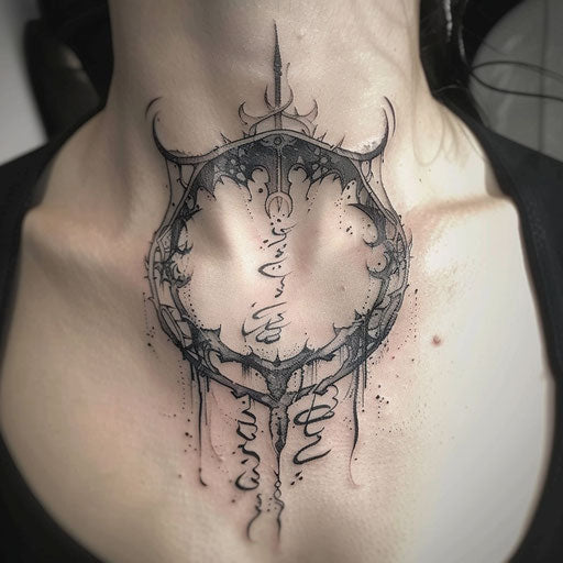 Female neck tattoos in Peter Jackson style with Elvish script