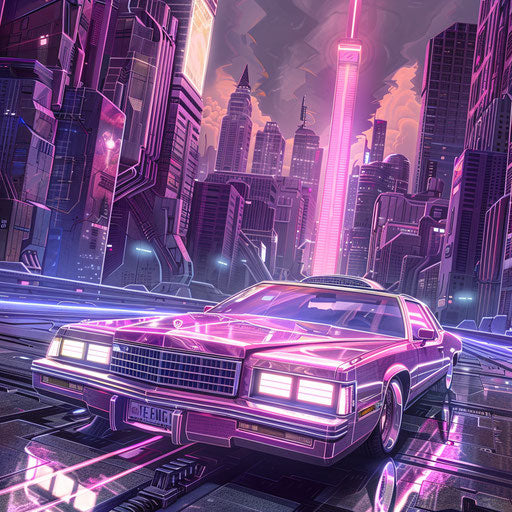 A 83 Cadillac Coupe DeVille with a retro-futuristic conversion, blending 1980s nostalgia with modern technology, cruising through a sci-fi cityscape.