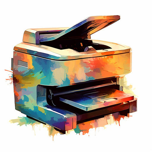 Illustration of a printer in the style of Impressionistic Art, on white background