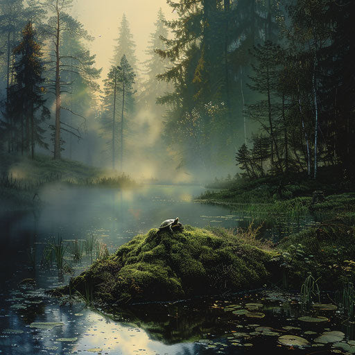 Secluded forest pond at dawn with a wood turtle