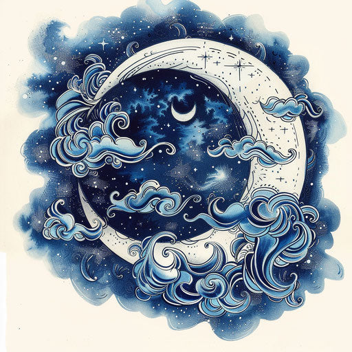 Half moon surrounded by clouds and stars, clipart style