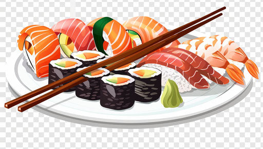 Plate of sushi and sashimi with chopsticks, vector illustration