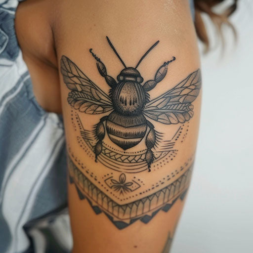 Polynesian-inspired bumble bee tattoo on white background