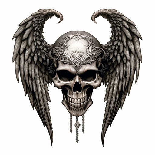 Skull with wings and devil's horns symbol, edgy caricature