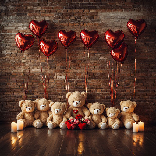 Teddy bears with red balloons and Valentine's Day flowers