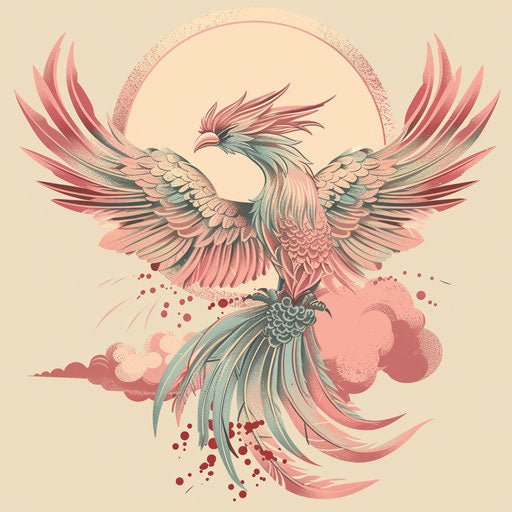 Elegant flat tattoo sketch of a mythical phoenix rising, pastel hues, clipart design