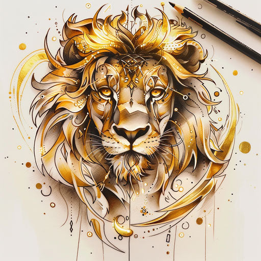 Flat Leo zodiac tattoo sketch with majestic golden hues