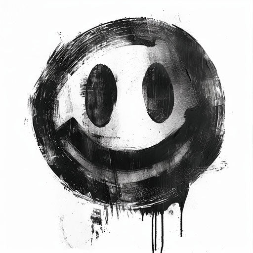 Minimalist black and white smiley face tattoo art, isolated on white