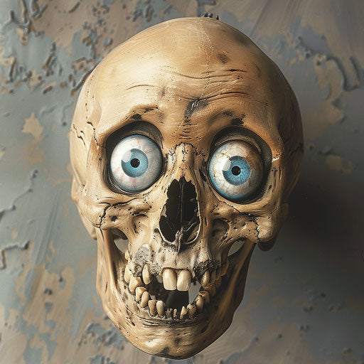 Skull with blue eyes, webcam photo style, comical caricatures