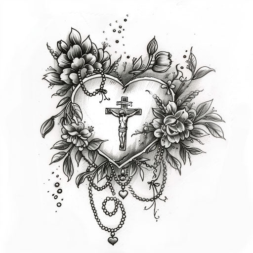 Rosary tattoo wrapping around a symbolic heart