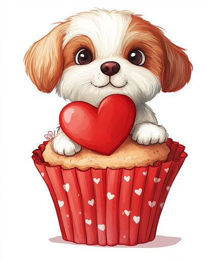 Cute puppy in red cupcake paper with heart-shaped cookie