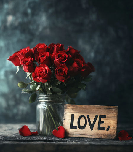 Red roses bouquet in a jar with a wooden sign