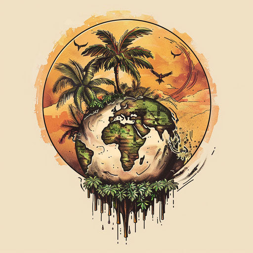 Exotic flat tattoo sketch of a globe showing exotic islands and palm trees, vibrant greens and browns, clipart design