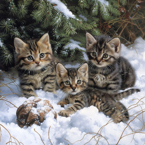 Tortoise cat kittens playing in the snow