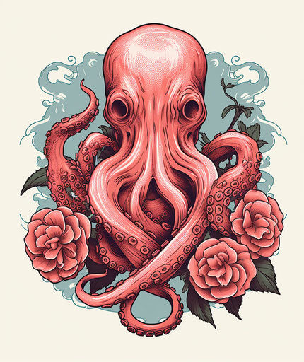 Octopus and rose in classic Japanese style underwater