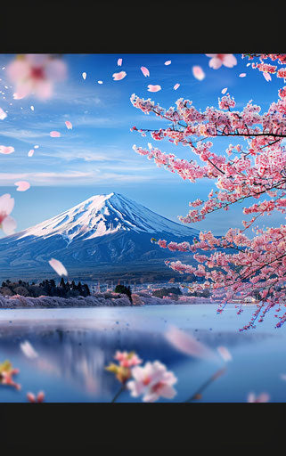 Hyper-realistic detail of cherry blossoms and Mt. Fuji