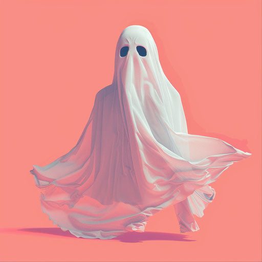 Ghost clipart in photorealistic style with a flat random background, high contrast and saturated hues
