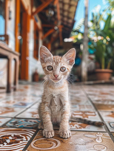 Adorable kitten facing camera on tile in front of house