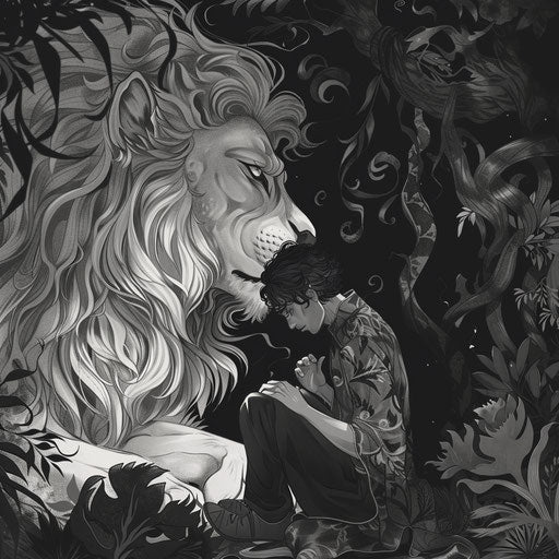 Daniel in the Lion's Den with a dark and mysterious atmosphere in the style of Ruben Ireland, coloring book page