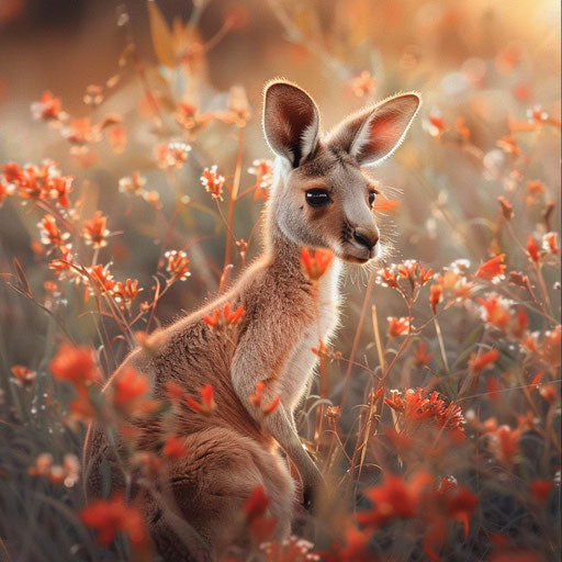 Red kangaroo among delicate, blooming desert flowers