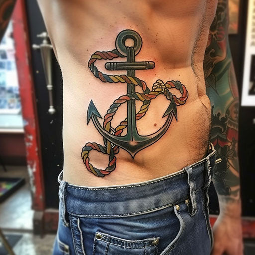 Stomach tattoos of an anchor and ropes, Sailor Jerry style