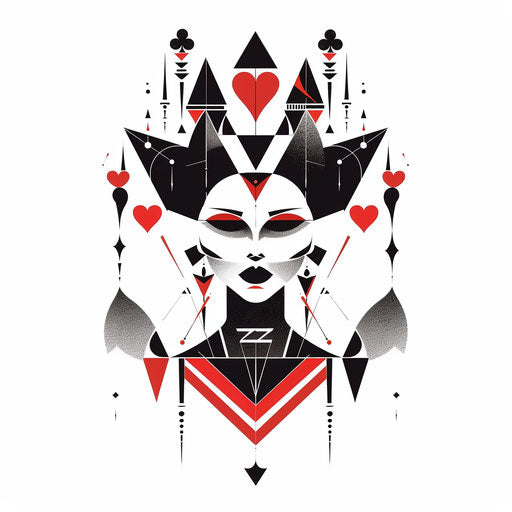 Minimalist black and red Queen of Hearts tattoo, flat illustration on white