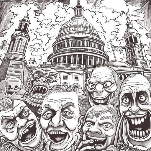 Humorous political scene with detailed caricatures, Andy Marlette style