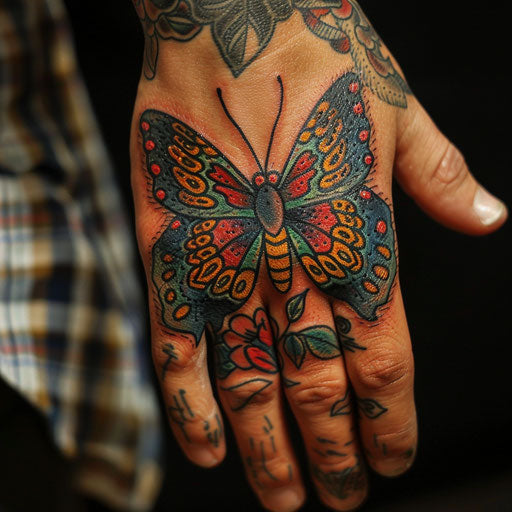 Butterfly hand tattoo with vibrant colors