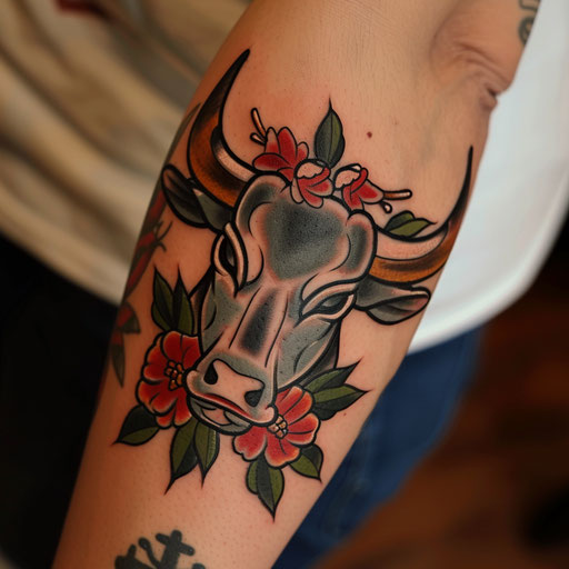 Traditional American bull tattoo on white background