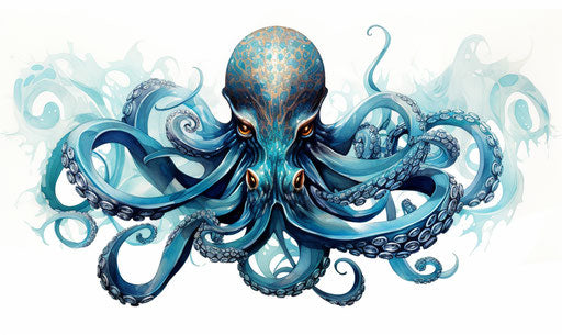 A beautiful octopus tattoo in navy and azure style, hand-drawn