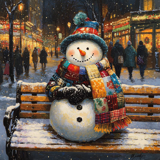 Snowman on city bench in patchwork scarf watching holiday shoppers