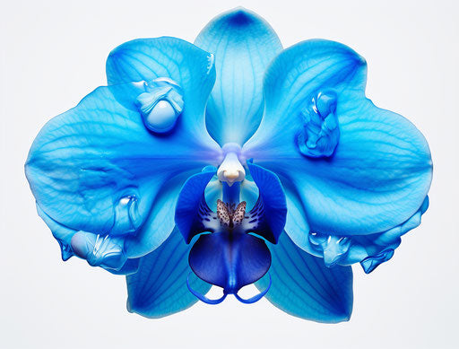 Blue orchid on white background, Ingrid Baars style, UHD image, colorized, dynamic color schemes, felinecore 38:29