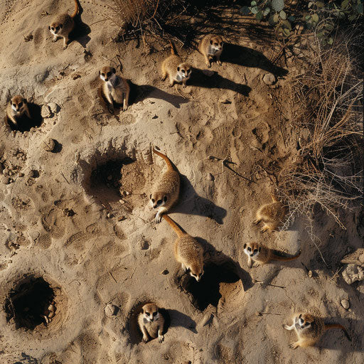 Meerkat colony from above, their environment and burrows