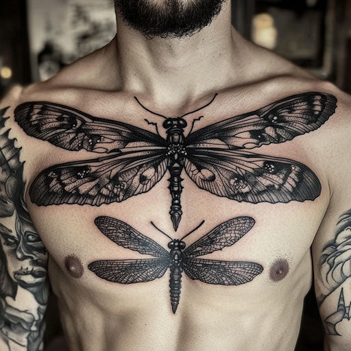 Butterfly tattoo men on the chest with a dragonfly companion