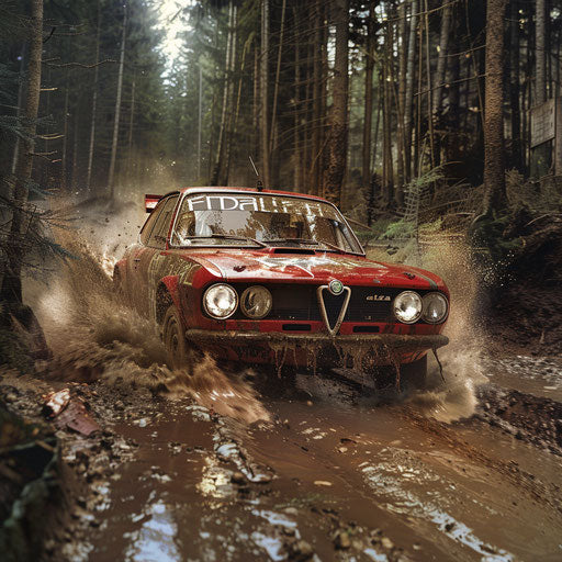 Vintage Alfa Romeo Alfasud rally car, covered in mud, racing through a dense forest rally stage