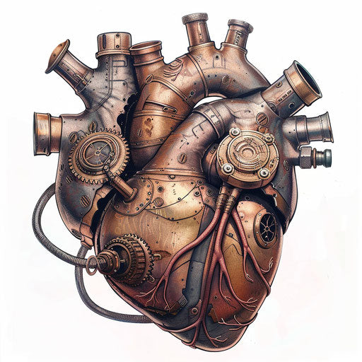 Steampunk mechanical heart tattoo design, brass and copper textures